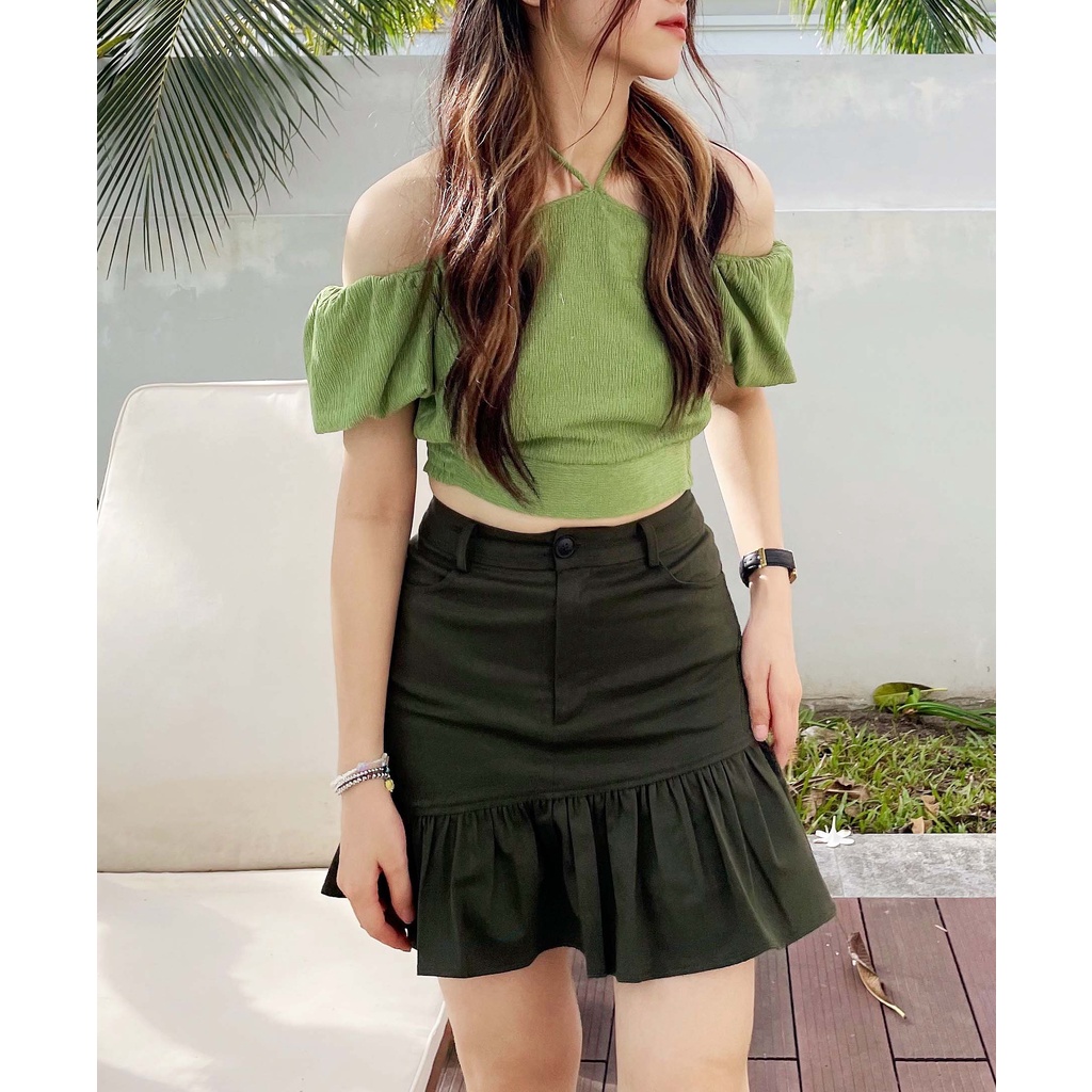 Chây váy kiểu 2 lớp xếp li dưới thời trang GAGO màu rêu GO4060