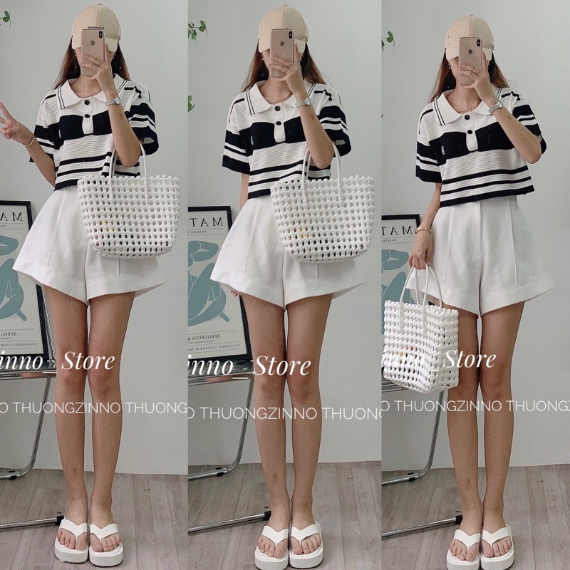 [Ảnh thật/Video]Áo kẻ polo Tây có cổ kiểu mongtogi Quảng Châu  Áo len sọc ngang Hàn Quốc