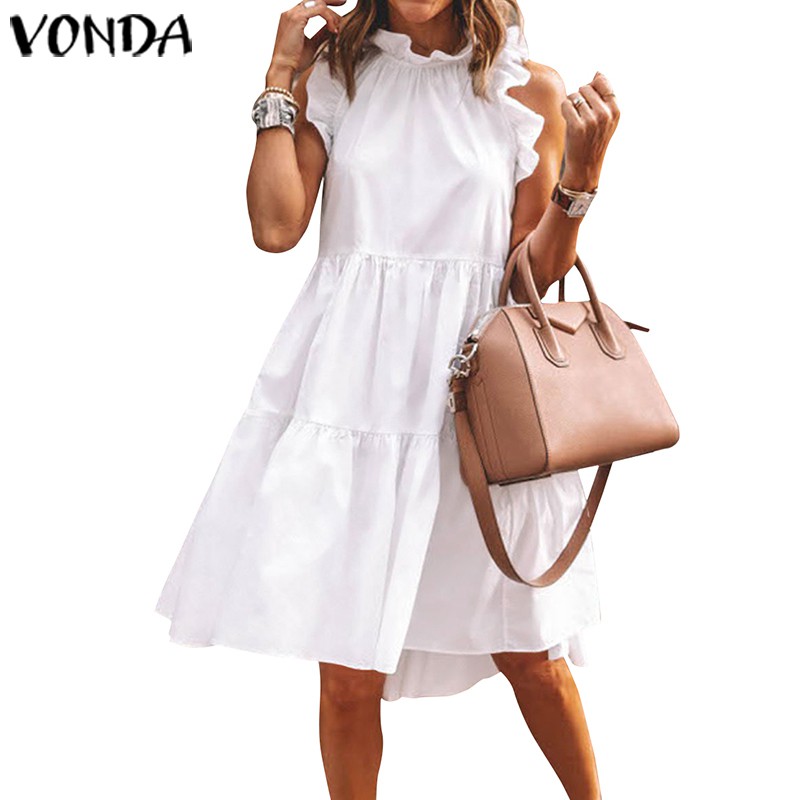 Đầm Midi VONDA Nữ Không Tay Cổ Đứng Thiết Kế Xếp Ly Thời Trang