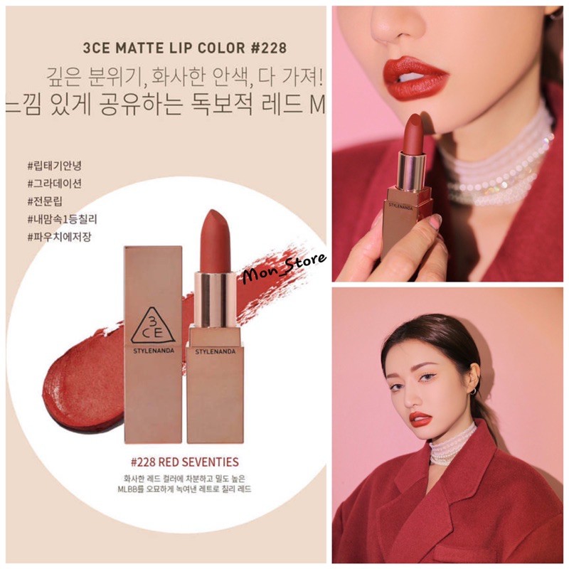 [CHÍNH HÃNG][SẴN] Son Thỏi Lì 3CE Matte Lip Color Màu Đỏ Đất #228 Red Seventies