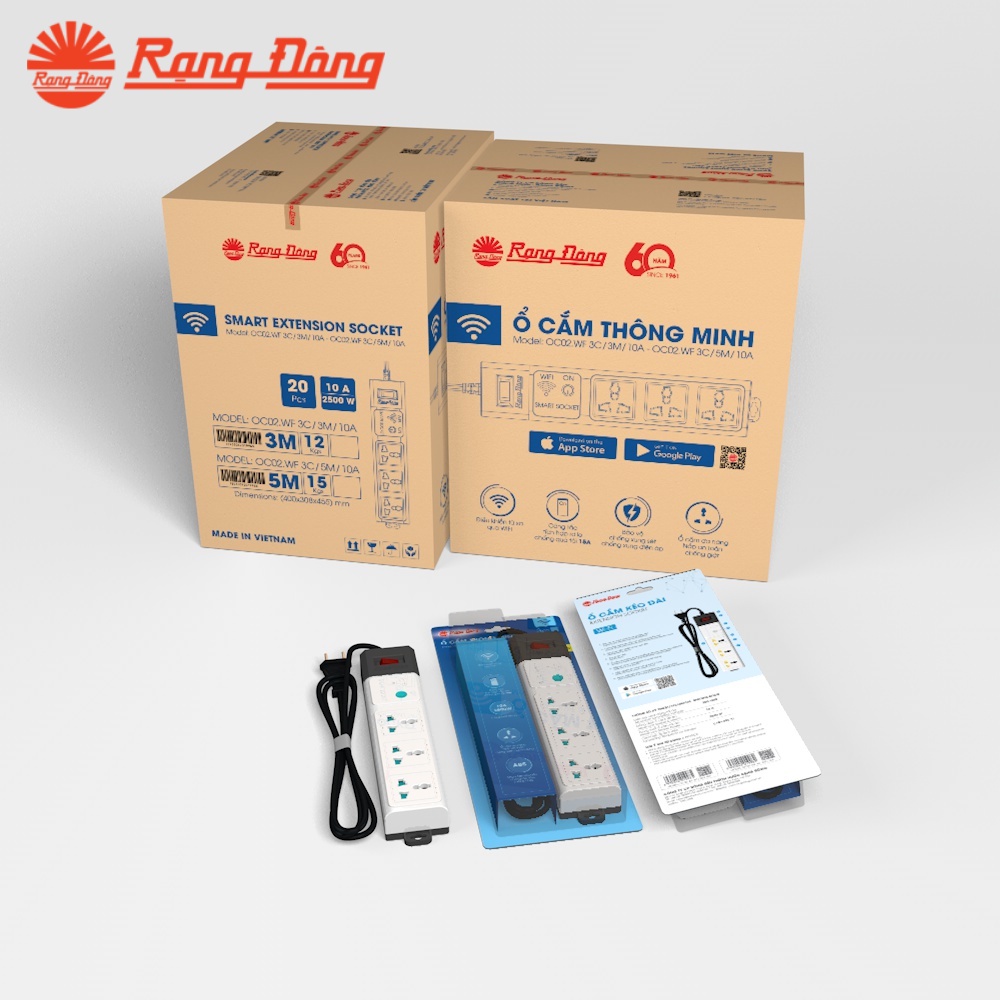 Ổ cắm thông minh wifi Rạng Đông OC02.WF dây dài 3m-5m - Ổ cắm điện đa năng hẹn giờ , điều khiển từ xa - bảo hành 1 năm