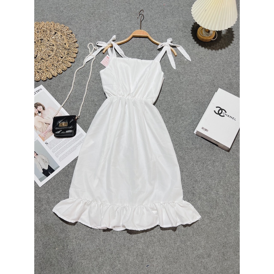 Đầm hai dây buộc nơ, váy hai dây trắng xèo hàn quốc - WAM