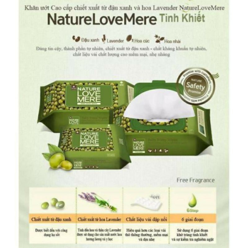 (Mua 5 tặng 1 cùng loại)Khăn giấy ướt Nature Love Mere Mung Bean (70 tờ ko nắp)