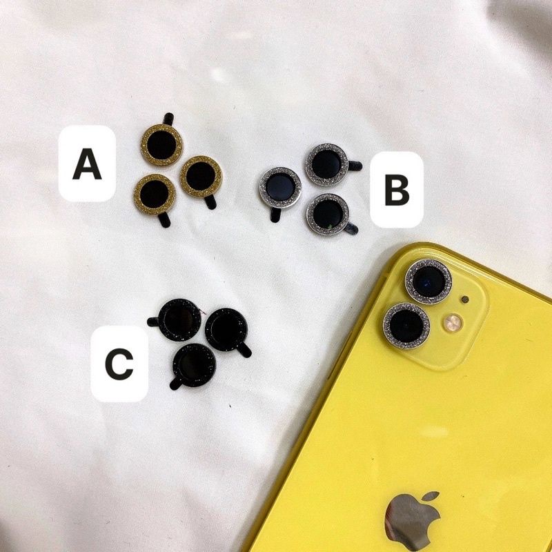 Bộ 3 mắt kim cương nhũ vỉ iPhone 11, 11 Pro Max, 12 Mini, 12, 12 Pro, 12 Pro Max bảo vệ camera