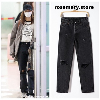 Quần Jeans xám đen ống rộng rách Lisa Blackpink