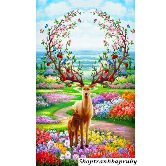 Tranh thêu hươu tài lộc KT:50x70cm,tranh chưa thêu.Tặng kéo và xỏ chỉ.