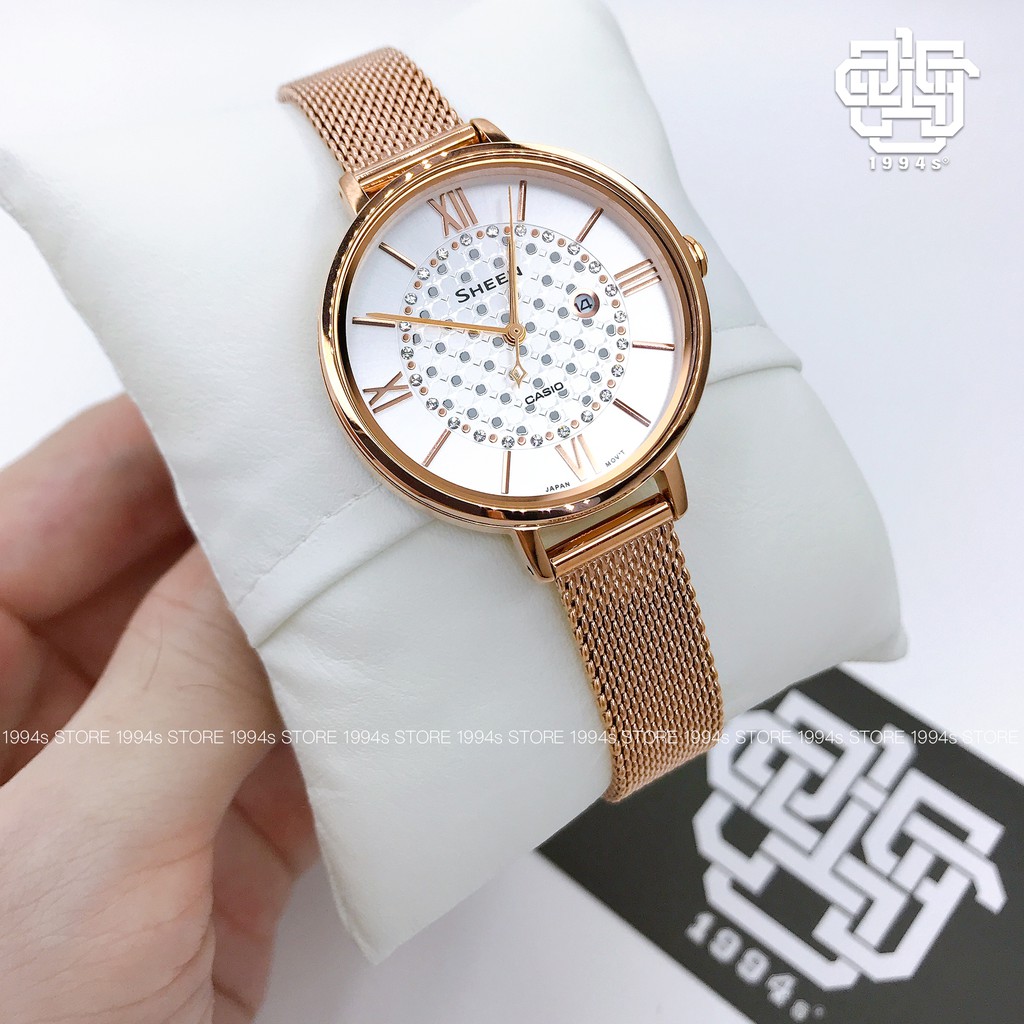 Đồng hồ nữ Casio Sheen SHE-4059 / SHE-4059PGM-7A đính đá pha lê Swarovski, dây thép không gỉ, size 34mm, hàng chính hãng