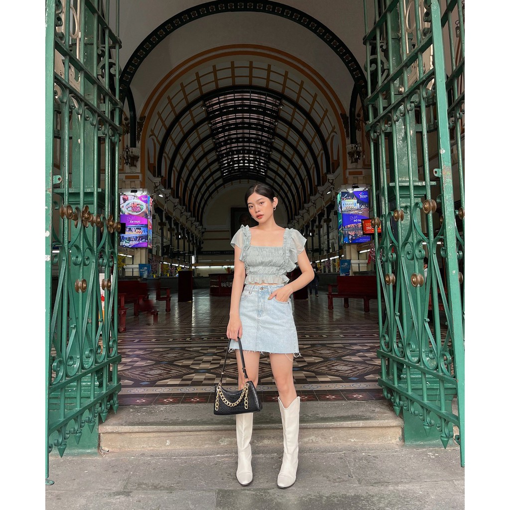 Áo voan freesize HEYBEE phom ngắn nhún bèo (2 màu) - BLUE BELL TOP HT630.