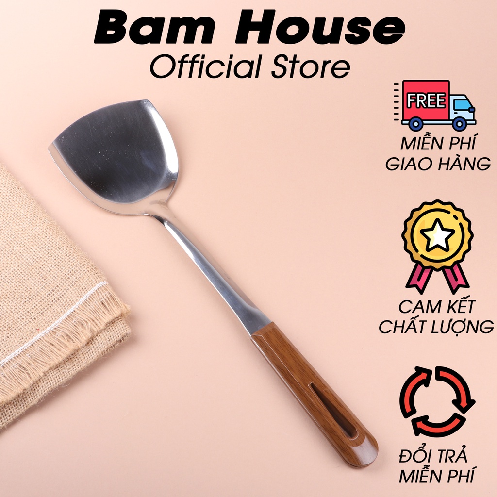 Set Vá đặc, Xẻng đặc, Xẻng lỗ inox Bam House cán nhựa hoạ tiết gỗ loại lớn cao cấp siêu bền SCG01 - Gia dụng bếp