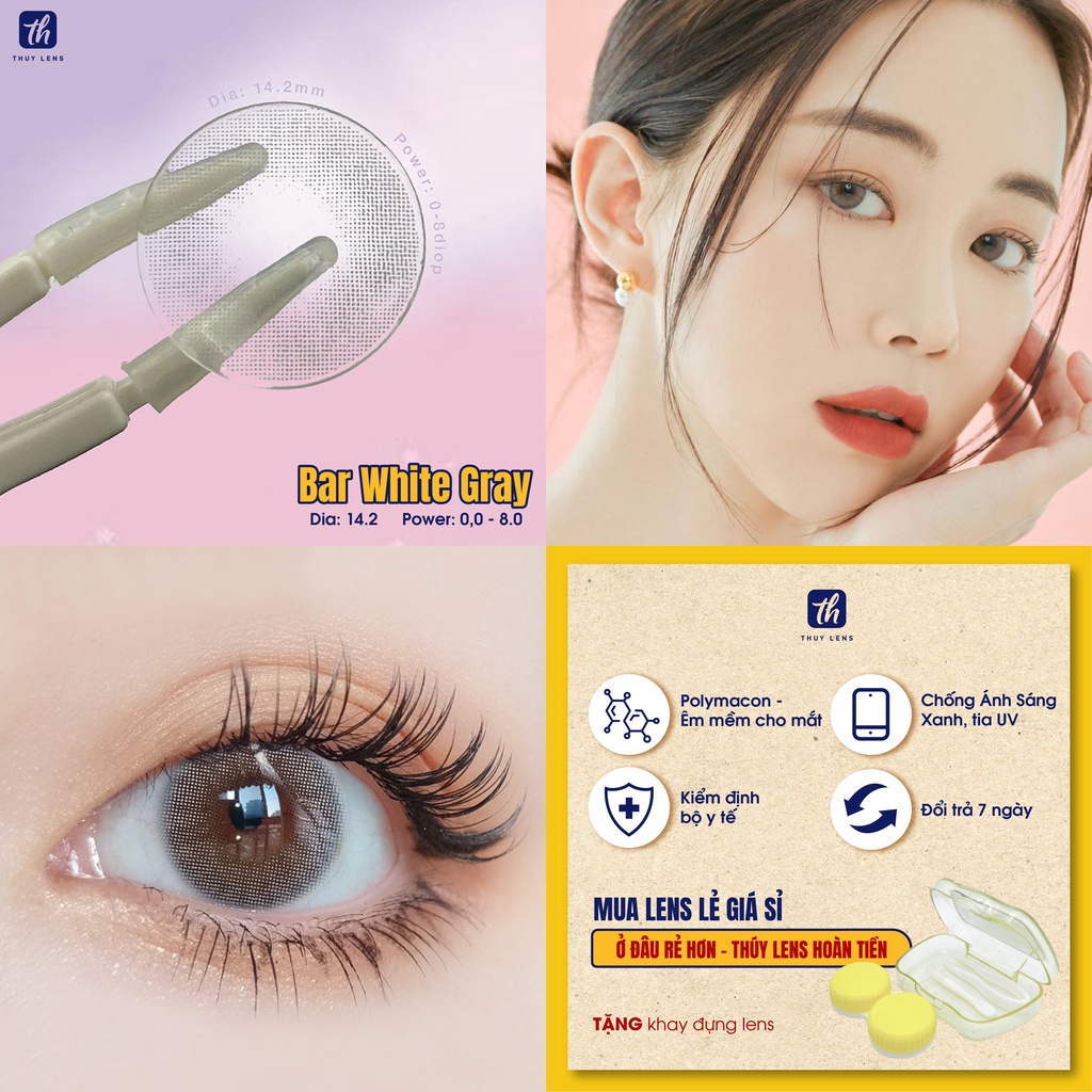 Kính áp tròng THUY LENS cho mắt cận màu xám tự nhiên độ cận từ 0 - 8 Bar White Gray