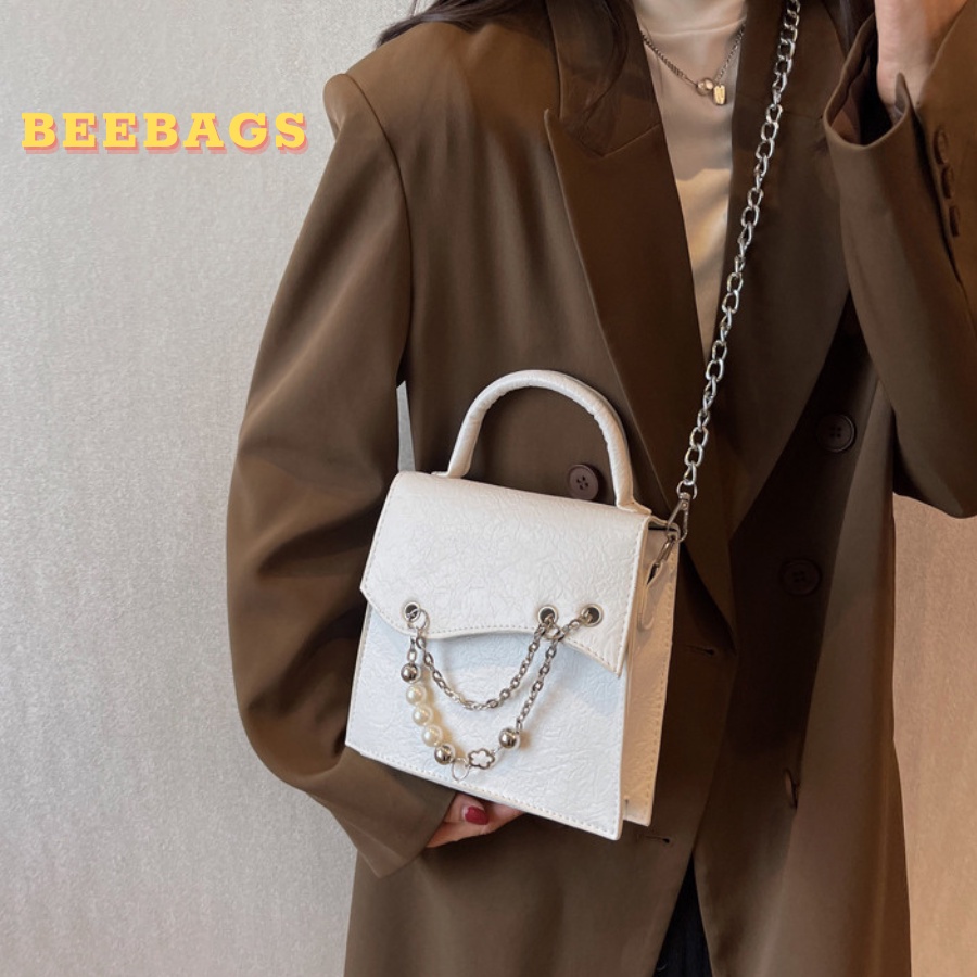 Túi Hộp Cá Tính Màu Trắng, Đen Có Phối Dây Xích Y2K | TX49 | Túi Xách Dạng Hộp Da Chần Nổi Phong Cách Độc Lạ, Hàn Quốc