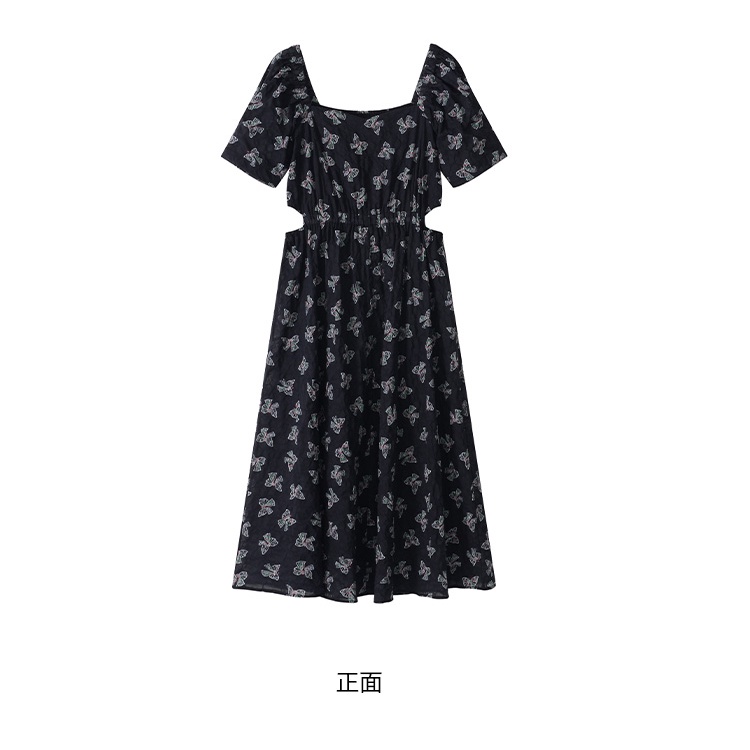 ZHELIHANGFEI Váy hoa nơ ngắn tay eo thon gọn váy dài