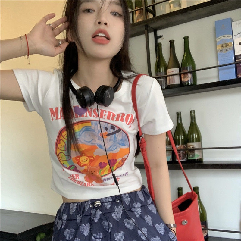 COZOK Áo Thun Tay Ngắn Hở Eo Form Ôm In Họa Tiết Thời Trang