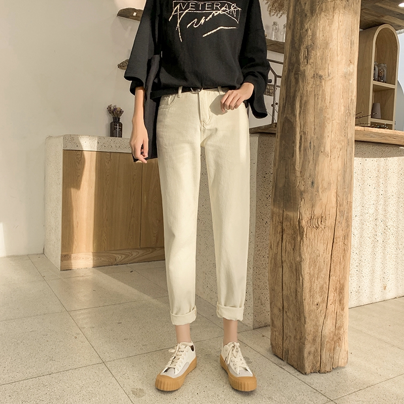 SUXI Quần jeans lưng cao ống rộng phong cách Hàn Quốc