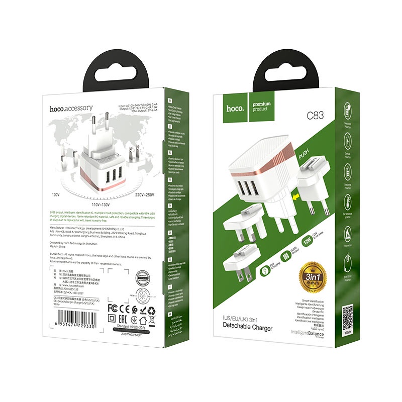 CỐC SẠC NHANH HOCO C83 GỒM 3 CỔNG 2.4A