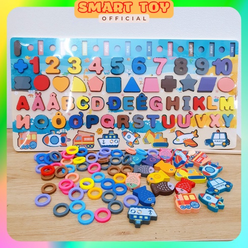 Đồ chơi bảng gỗ câu cá 6in1 ghép chữ sỗ, chữ cái, hình học, phương tiện, đồ chơi gỗ thông minh cho bé