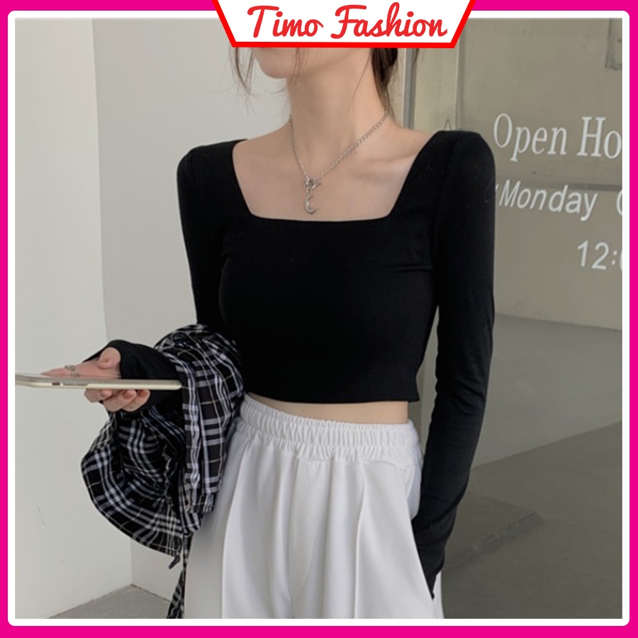 Áo croptop nữ tay dài, áo thun croptop kiểu cổ vuông, ôm body sexy phong cách Hàn Quốc đẹp, chất thun co giãn ACN005 | BigBuy360 - bigbuy360.vn