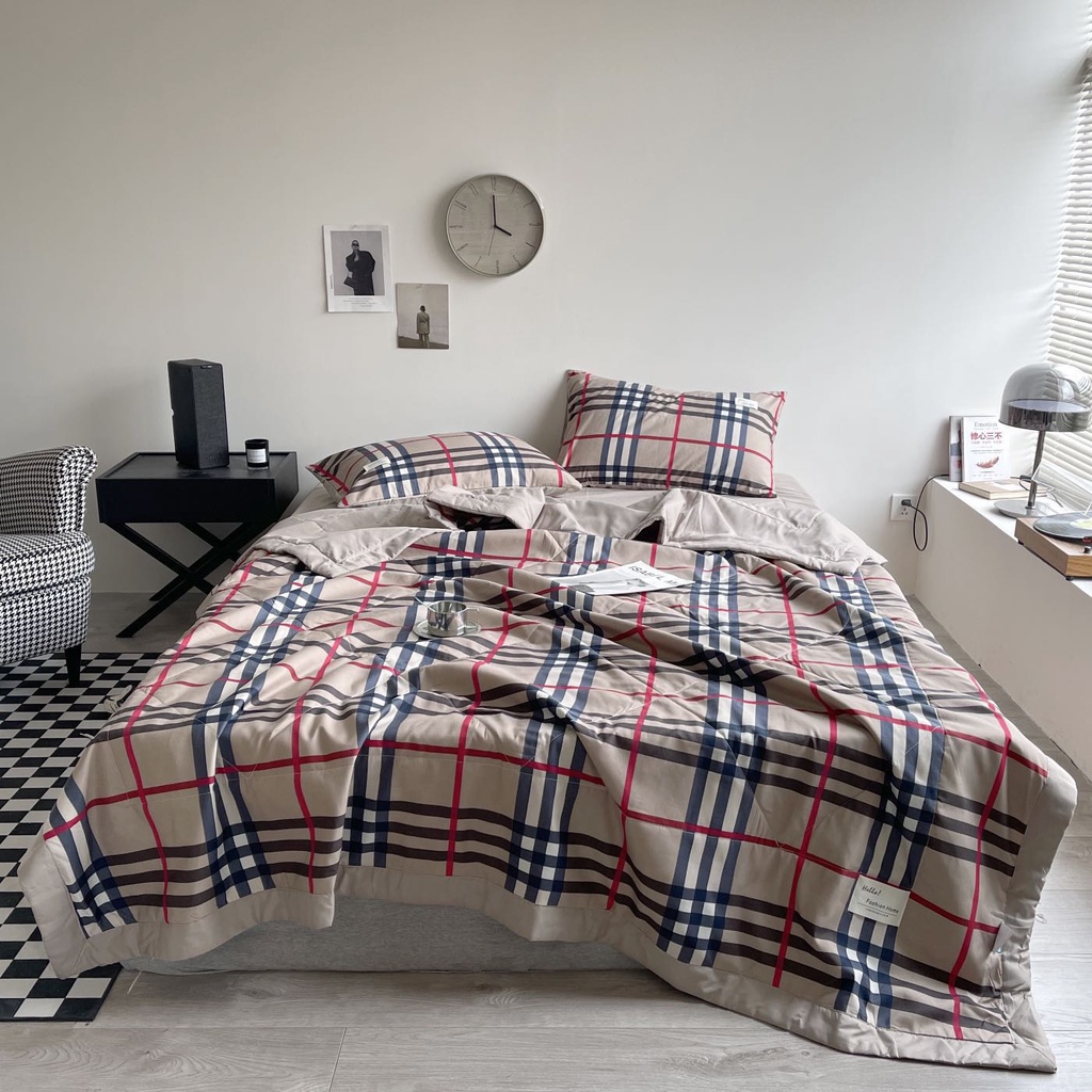 Bộ Chăn Ga Gối Cotton Tici Kẻ Chăn Chần Hè HIN BEDDING, Chăn Ga Hàn Quốc Vintage Chăn Chần Bông Cao Cấp Các Mẫu Mới