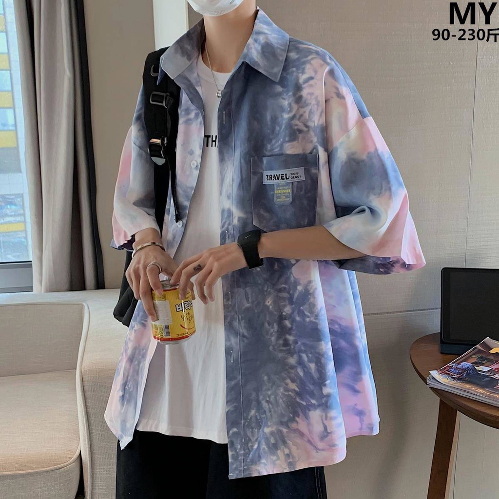 Áo sơ mi tay ngắn phối màu gradient phong cách Nhật Bản thời trang cho nam