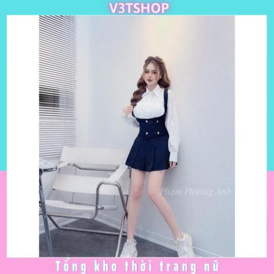 Set váy yếm + sơ mi trắng cực xinh Về sẵn tại shop hai màu đen và đỏ Chân váy hai lớp _ảnh thật