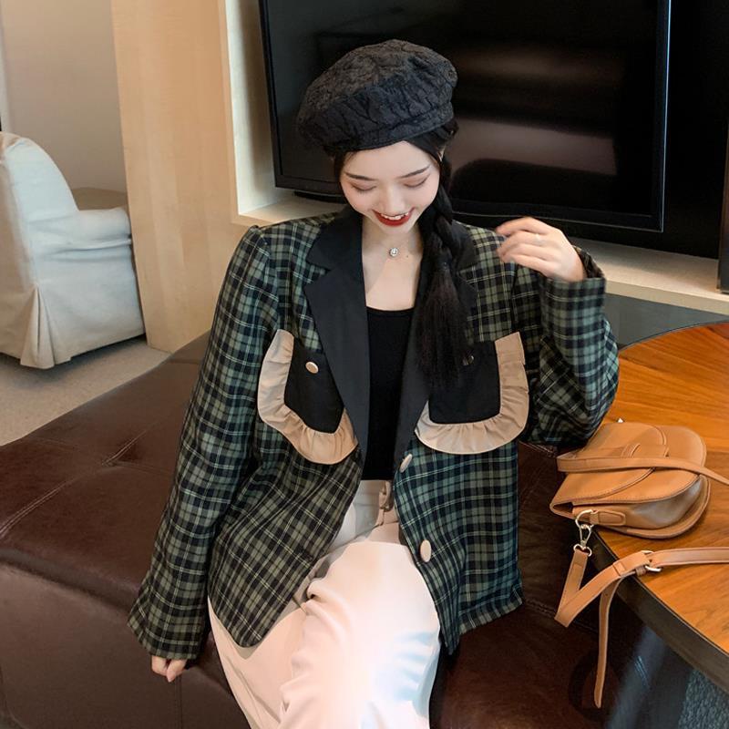 Áo Khoác Vest Dáng Rộng Kẻ Sọc Caro Màu Xanh Lá Thời Trang Xuân Thu Mới Cho Nữ