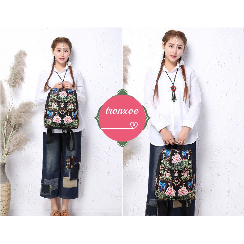 Balo vải phi thời trang thêu hoa form lớn đựng được laptop - T05BL16017