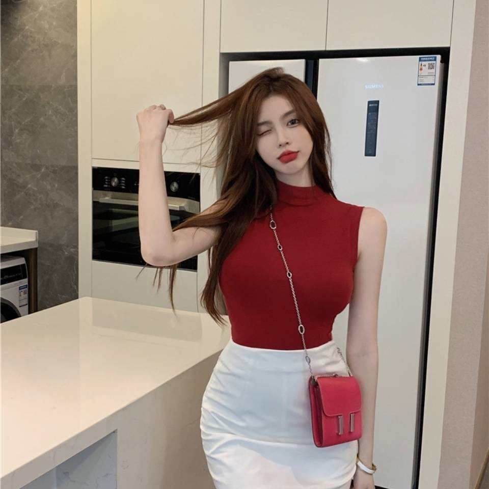 Áo giư nhiệt nữ áo giữ nhiệt cổ cao Áo vest treo không tay T -Shirt nữ mùa hè mỏng bên ngoài mặc ngắn áo sơ mi bên trong màu đỏ mỏng manh mịn