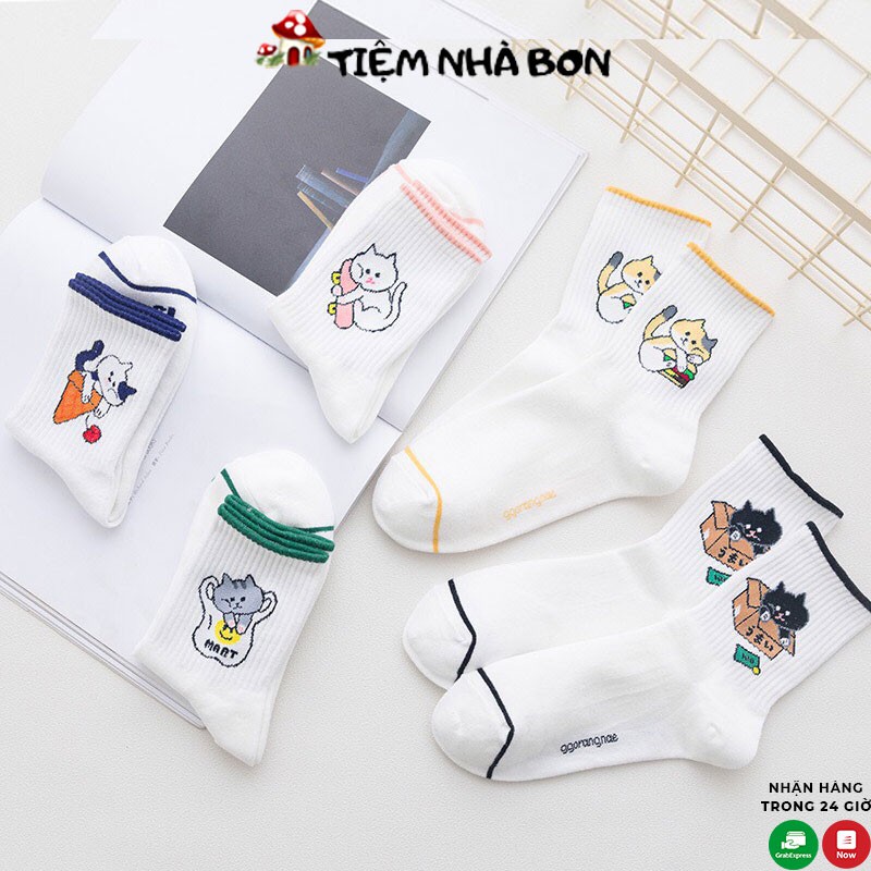 Tất vỡ nữ cổ cao trắng hình mèo con cute chất vải cotton đẹp phong cách Hàn Quốc