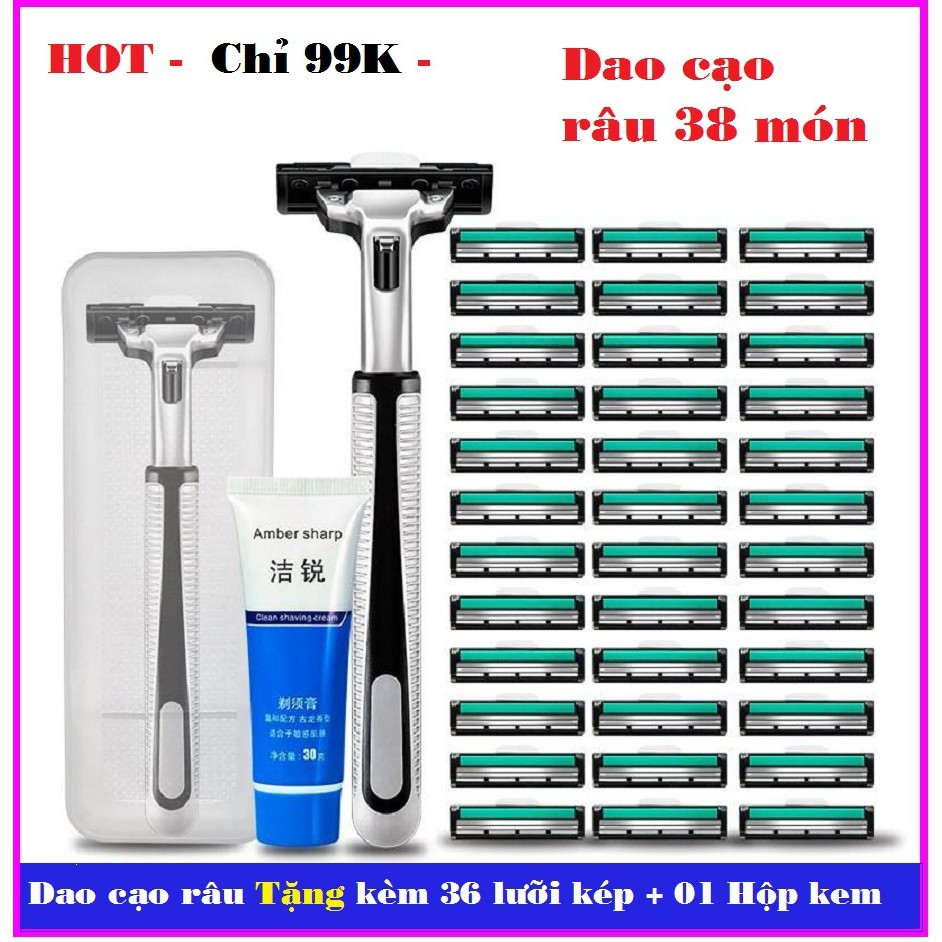 Lưỡi cạo râu, Dao cạo râu tặng 36 lưỡi kép, 1 thân dao, 1 tuýp bọt, Tông đơ cạo râu