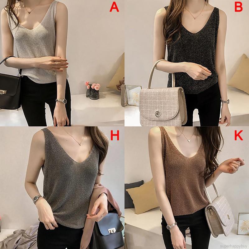 Áo Tank Top cổ chữ V dáng rộng đính kim sa lấp lánh cho nữ