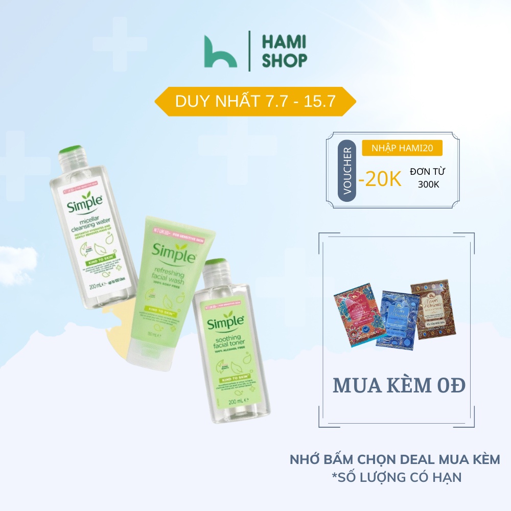 Combo Simple Tẩy trang 200ml + Sữa rửa mặt 150ml + Nước hoa hồng 200ml cho da sạch khỏe đàn hồi