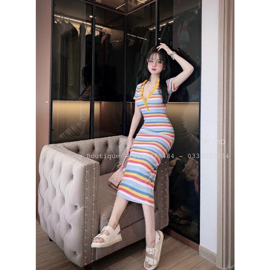 Đầm Váy Nữ Thun Body Sọc Cổ Bẻ Phong Cách Hàng Loại 1