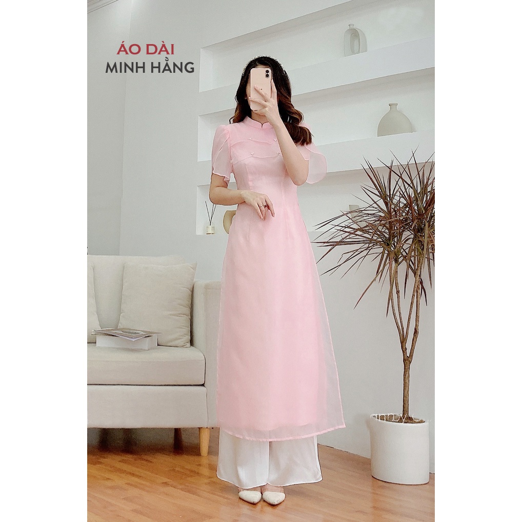 Áo dài cách tân nữ tầng sóng tay bồng thiết kế màu hồng cam_Áo Dài Minh Hằng