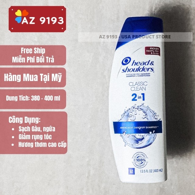 Dầu gội Head Shoulder Mỹ, 400ml - Loại Bỏ và Ngăn Ngừa Gàu, Giảm Gãy Rụng, Sạch Da Đầu - Az 9193