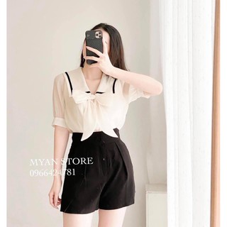 Áo sơ mi cổ nơ viền đen -- kèm ảnh thật + video