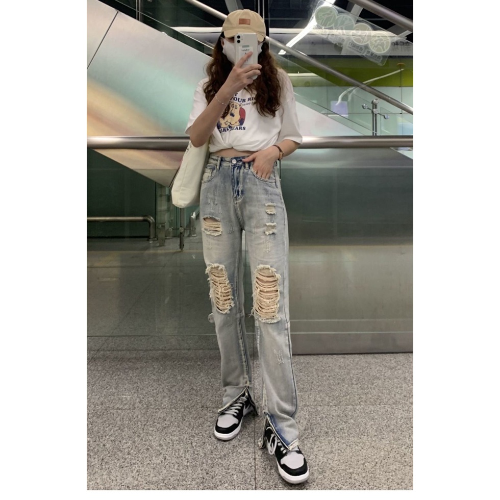 Quần jeans Nữ Dài Lưng Cao Mài Rách Thời Trang Hàn