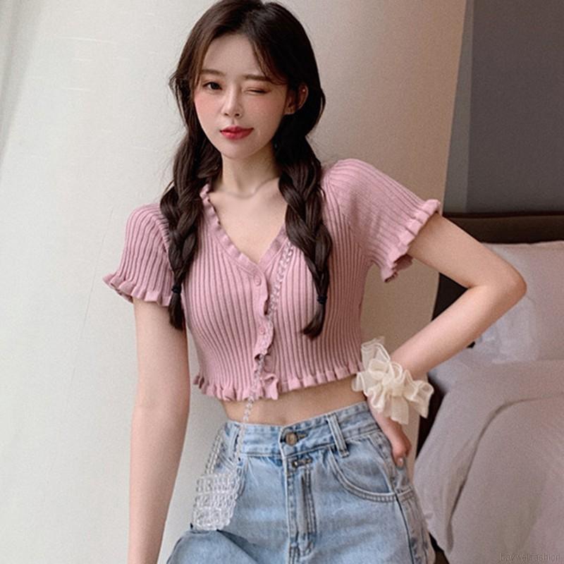 [Baywellfashion]Áo dệt kim nữ xẻ cổ chữ V tay ngắn phong cách thời trang quyến rũ | BigBuy360 - bigbuy360.vn