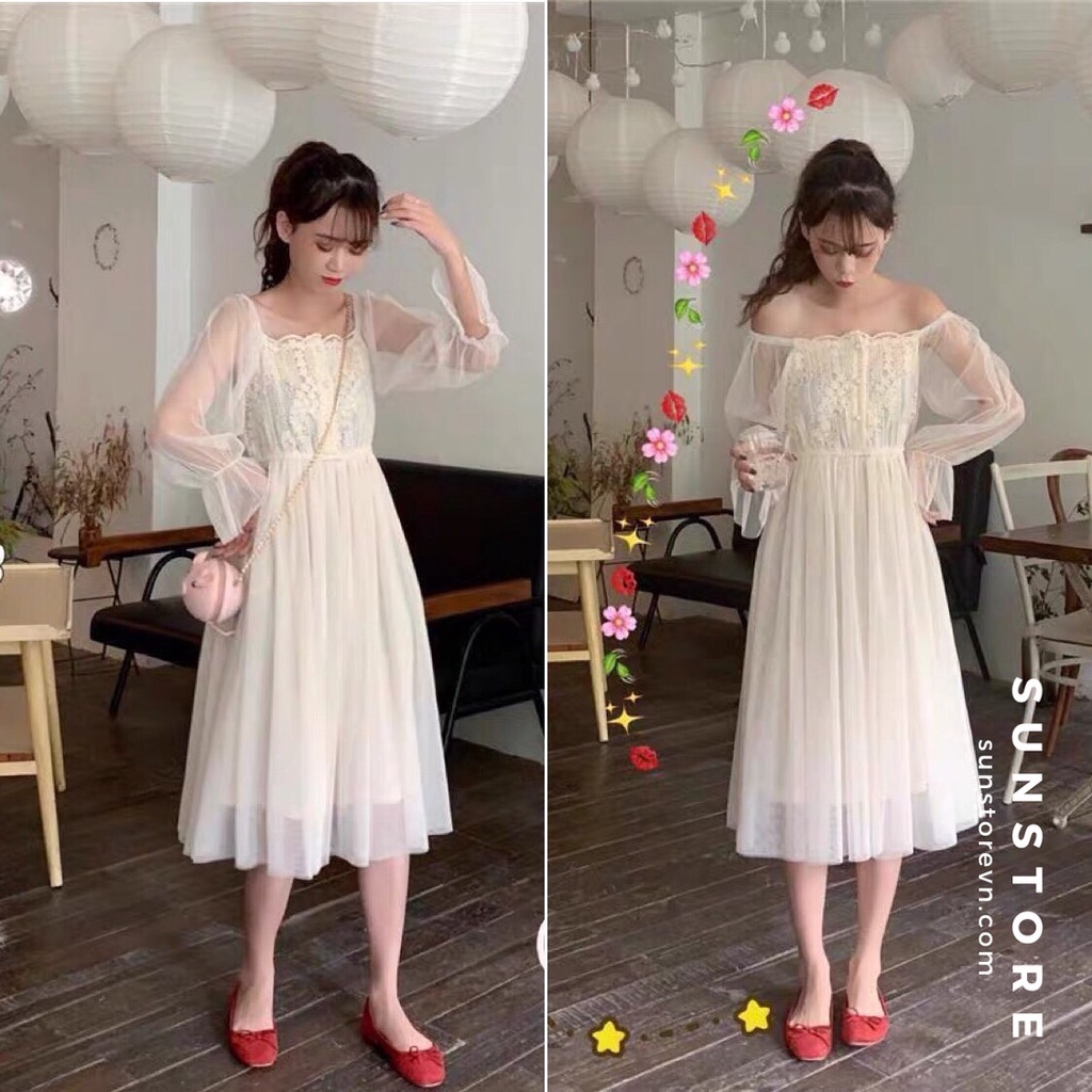 Đầm dự tiệc trễ vai dáng xòe trắng cổ vuông phối voan