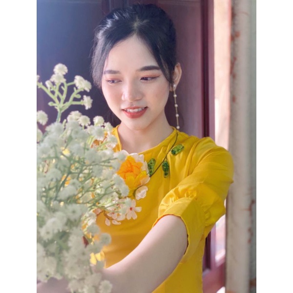 ÁO DÀI VÀNG TAY BỒNG KẾT HOA RỰC RỠ♥️♥️KÈM ẢNH THẬT PHÍA SAU