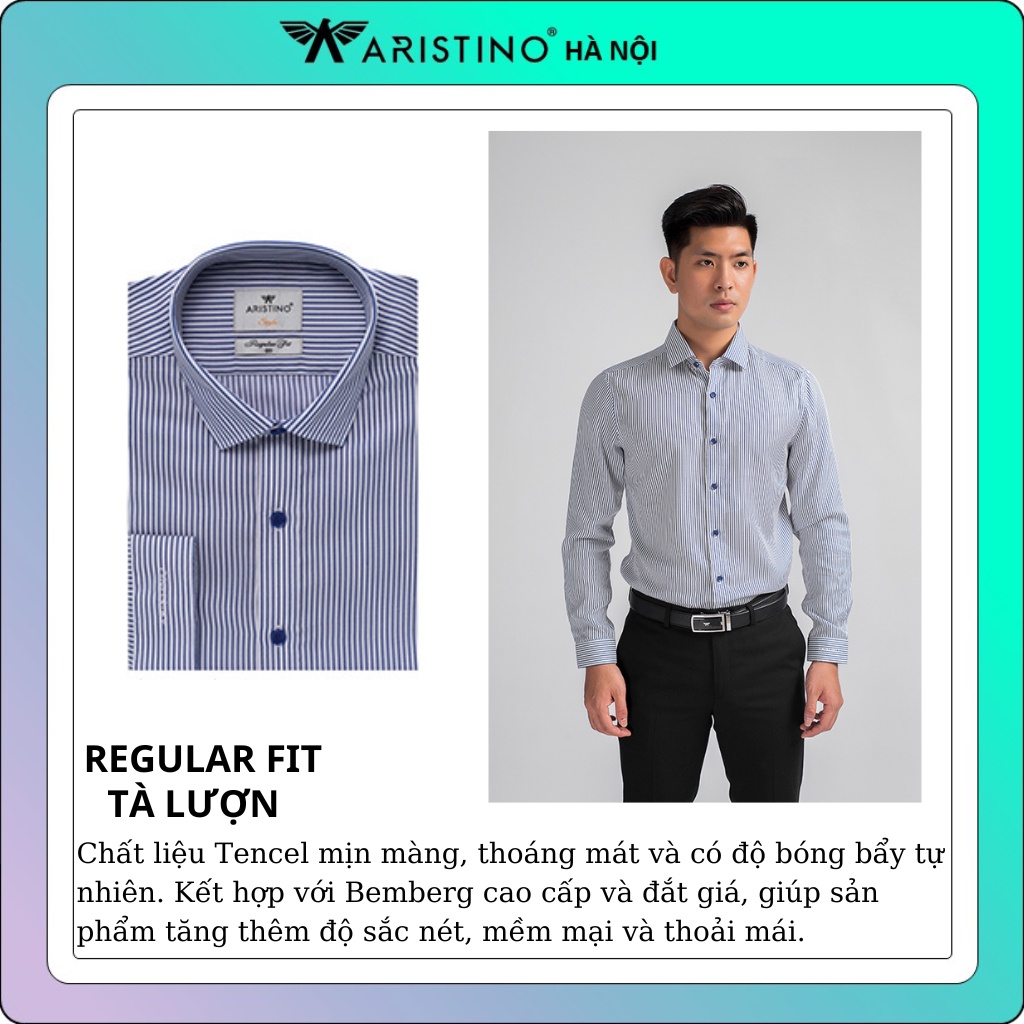 Áo sơ mi dài tay Aristino vải tencel siêu mềm mịn họa tiết sọc kẻ tà lượn from rộng  ALS18408