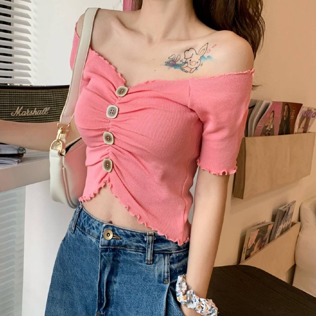 Áo Croptop Dệt Kim Tay Ngắn Cổ Chữ V Thời Trang Mùa Hè Cho Nữ