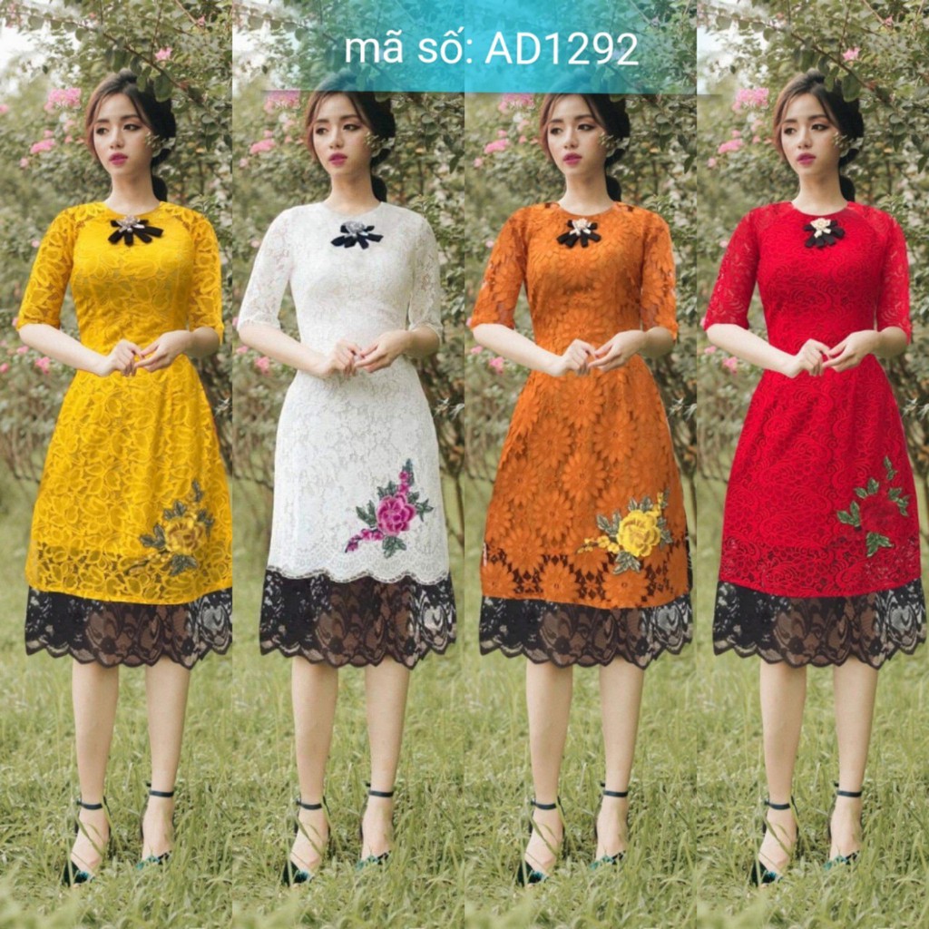 Có size 2XL Set Áo Dài Cách Tân ren tay lỡ đính hoa thêu phụ kiện cổ kèm váy ren