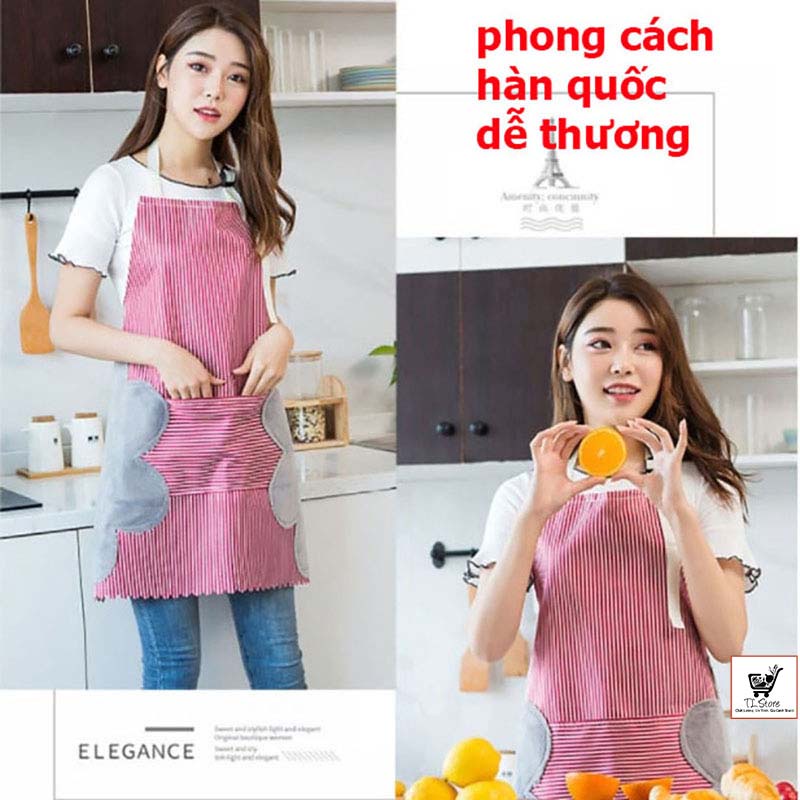 Tạp dề kẻ hoa có khăn lau tay bên hông, tạp dề chống thấm nước (Tạp Dề Sọc)