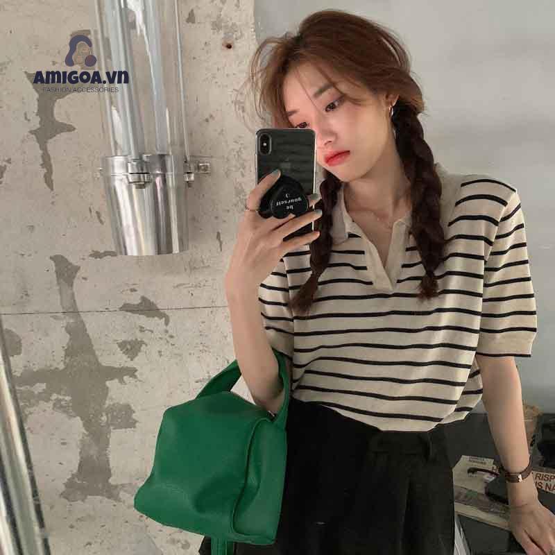 ✨✨Áo Dệt Kim Thun Ngắn Tay Dáng Rộng Kẻ Sọc Kiểu Hàn Quốc Thời Trang Mùa Hè Cho Nữ