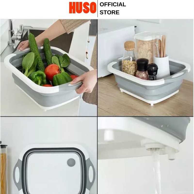 Chậu Gấp Gọn Kiêm Thớt Và Rổ Đựng Đa Năng 3 in1 Đa Năng Tiện Dụng - HUSO