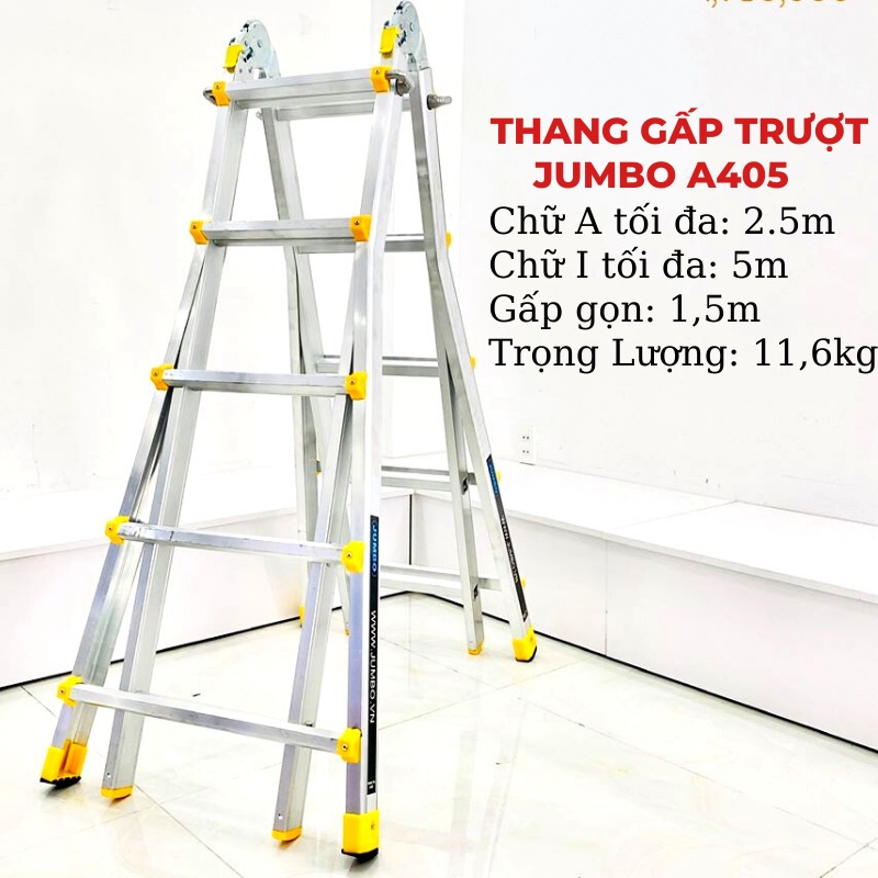 Thang Nhôm Chữ A, Thang Rút Trượt JUMBO A404 A405 TẢI TRỌNG NÂNG CẤP 300KG - Chữ A 2m-2.5m, I 4m-5m - BH 24 THÁNG
