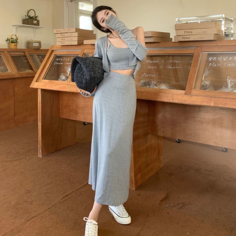 COZOK Set Áo Khoác Không Tay + Áo cardigan + Chân Váy Lưng Cao Xinh Xắn Thời Trang