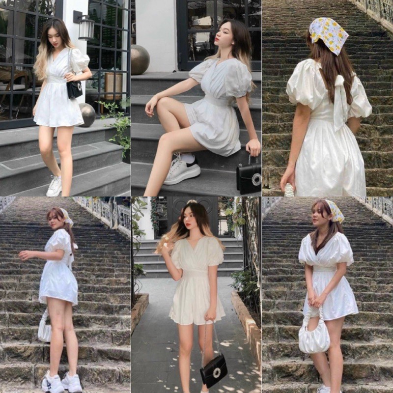 KIKO JUMSUIT tone trắng chất vải dày dặn phần ngực may xếp ly thiết kế sau lưng cột nơ bên trong có kèm lót quần