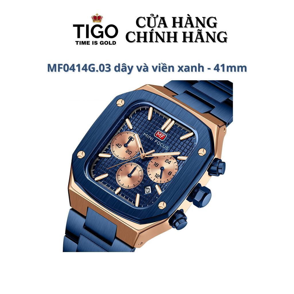 Đồng Hồ Nam MINI FOCUS MF0414G.03 Dây Thép Xanh Viền Xanh Thép Không Gỉ Cao Cấp Mặt Vuông Kích Thước 41mm Chống Nước