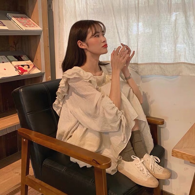Váy babydoll đũi dáng dài phối bèo tay phồng thắt nơ ulzzang tiểu thư siêu xinh